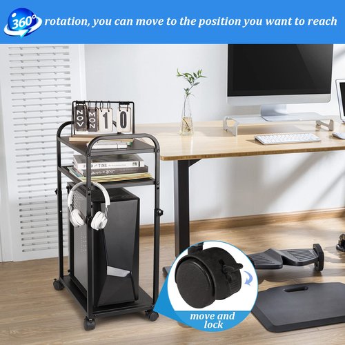 Bfttlity Height Adjustable Computer Tower Stand, PC Stand 3-Tier Mobile CPU Holder Cart Under Desk with Locking Caster Wheels for Office Home Gaming Accessories