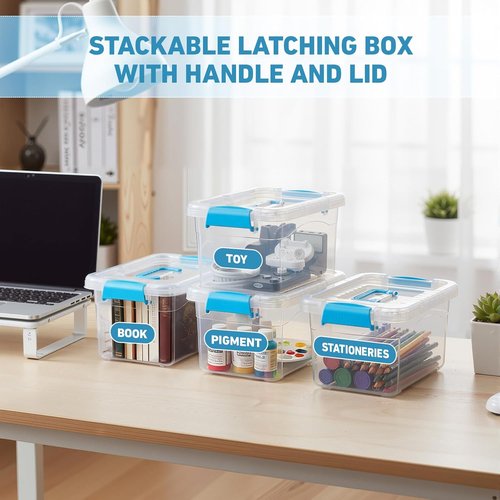 Jetec 8-Pack Clear Plastic Storage Bins - Stackable Organizer with Lids & Blue Handles | 6.5 Qt, 11.02 x 7.48 x 6.02''