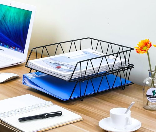 PAG Desktop File Organizer - Metal Stackable Letter Tray Rack | 2 Pack, Black Color