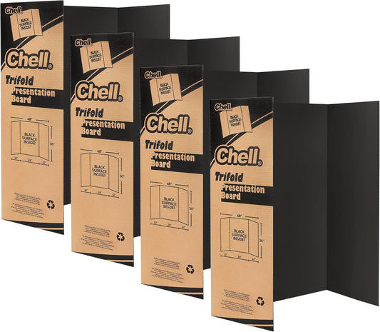 Chell Large Trifold Poster Board - 36" x 48" Black Corrugated Boards for School Projects & Presentations | 4 Pack