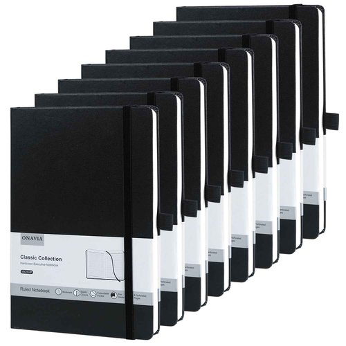 ONAVIA 8 Pack Black Lined Journal Notebooks for Work, Travel, College, (A5 Size 100 GSM Thick Paper) - Classic Ruled, Hardcover Notepad for Writing 160 Pages, 5.5 x 8.3 inch, Multipack Journals