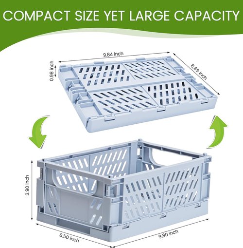 HUUSMOT Small Pastel Plastic Storage Baskets - Collapsible Organizing Crates | Space-Saving Mini Bins (Blue, 9.8" x 6.5" x 3.8")