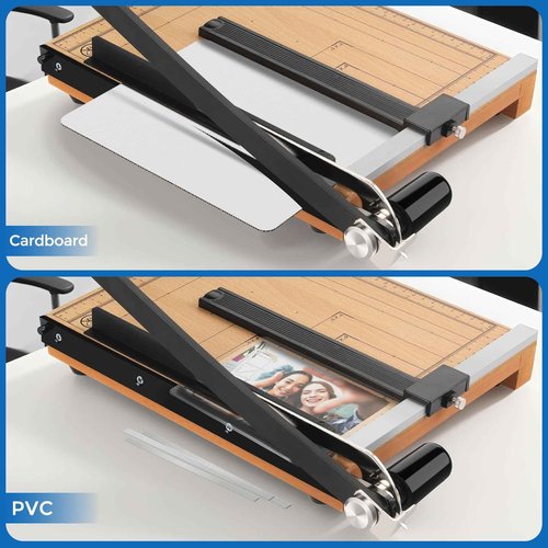 MROCO Heavy Duty Guillotine Paper Cutter & Paper Trimmer, 12" Cut Length, Automatic Clamp, Adjustable Guide, Wood Base with millimeters/inches Gridlines