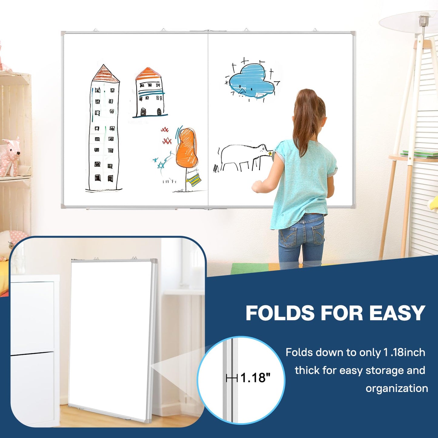 WALGLASS Large White Board Dry Erase Board, 60" x 40" Double-Sided Foldable Dry Erase Board for Wall, Magnetic Whiteboard for Office, Home, School, Kitchen