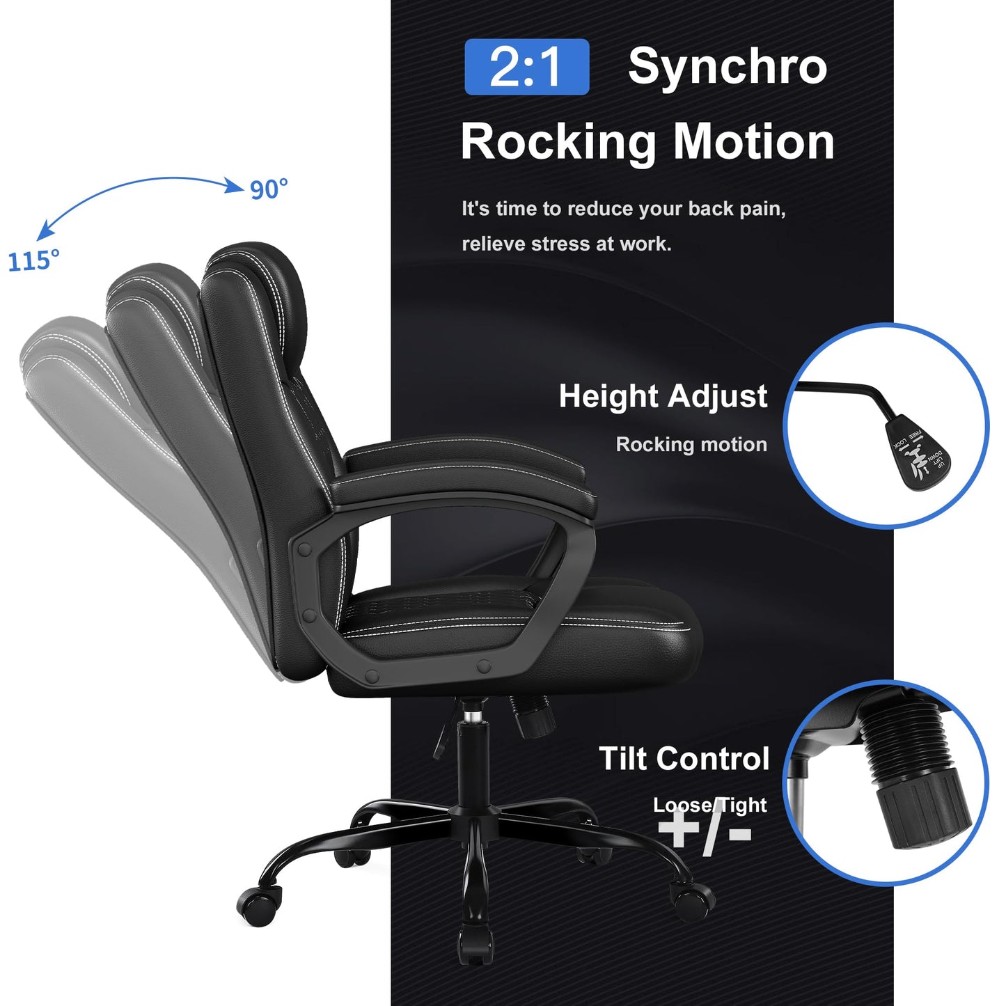 Misolant Office Chair, Executive Desk Chair, PU Leather Comfortable Executive Chairs with Fixed Armrest, Adjustable Height, Rocking Function, 360° Swivel Wheels, Black