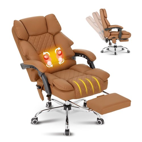 BOWTHY Kneading Massage Executive Office Chair with Heated,90-135° Reclining Chair with Footrest, Diamond-Stitched Cushion Leather Chair, Ergonomic Desk Chairs (Brown)
