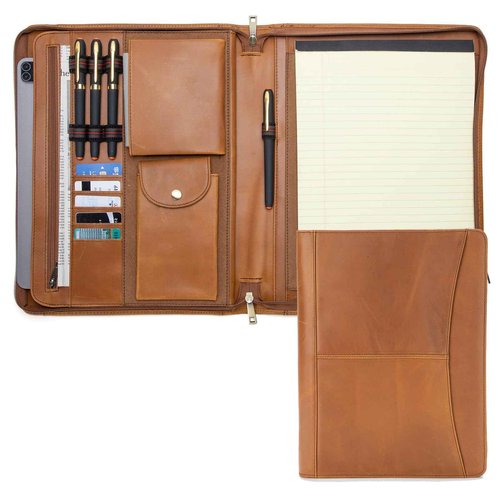 Geslun Genuine Leather Portfolio with Front Pocket for Men and Women, Zippered Padfolio Binder 8.5 x 11 Legal Pad Notebook Holder, Fits 13” Laptop, Professional Work File Case, Brown