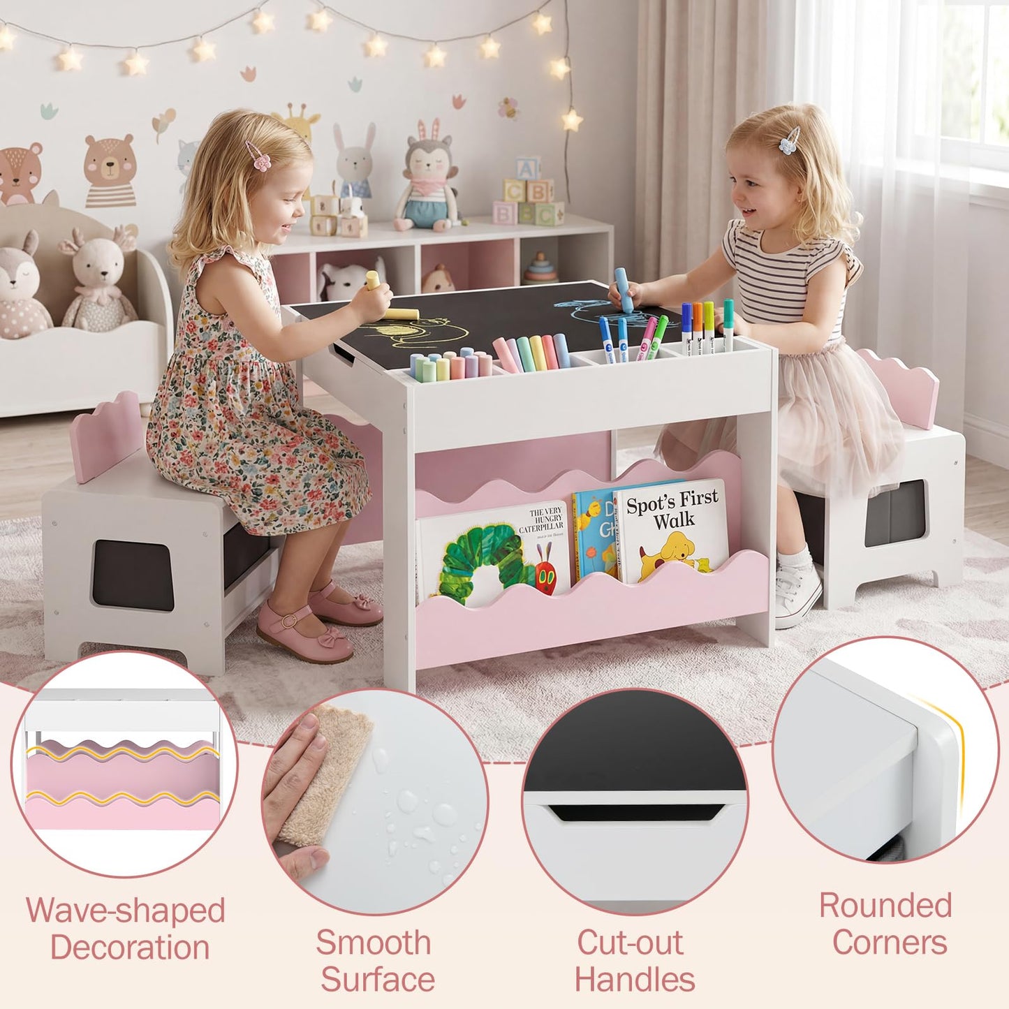Costzon Kids Table and Chairs, Wooden 4-in-1 Activity Desk Set w/Double-Sided Tabletop, Chalkboard, Bookshelves, Small Compartments & Fabric Drawers, Children Furniture Set for Art & Crafts (Pink)