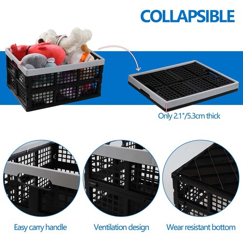 Yuright 34 Liter Plastic Collapsible Crate for Storage, 3 Pack Foldable Milk Crate, Black