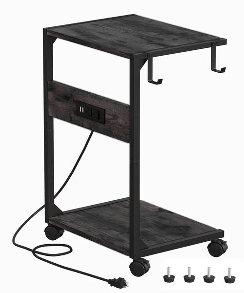 Akxomel 2 Tier Computer Tower Stand with Charging Station, 11.8"D x 16.5"W Rolling Floor PC Tower Stand Fits Under Desk, CPU Holder Cart for Carpet with Hooks, Home Office