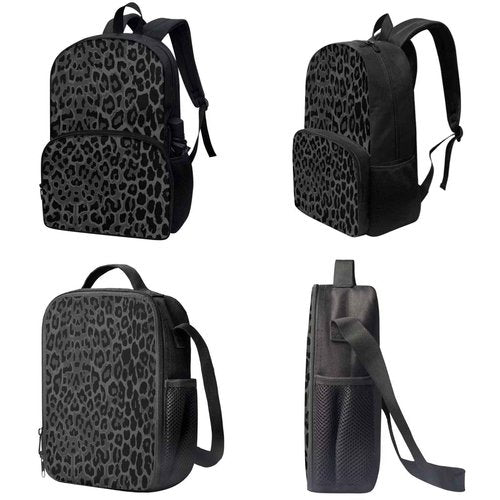 Suobstales Black Leopard Print Backpack for Kids Bookbag with Lunch Box Pencil Case Set Rucksack Satchel Laptop Bags 3 In 1 School Supplies for Boys Girls