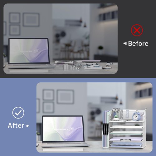 SUPEASY Desk Organizer with File Holder, 5 Tier Desktop File Organizer with 3 Pen Holders, Paper Letter Tray for Office Home Organization & Storage, Mesh Desk Accessories & Supplies, White