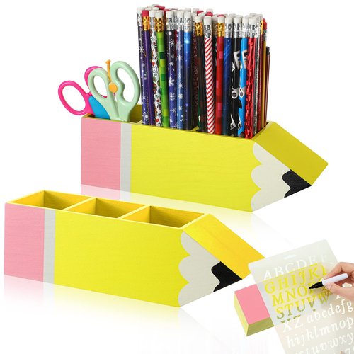 Kisston 6 Pcs Back to School Teachers Gift Wooden Teacher Pencil Holder Pencil Holder New School Year Gift with Letter Stencils Markers Name DIY Organizer for Office Birthday Supplies Desk