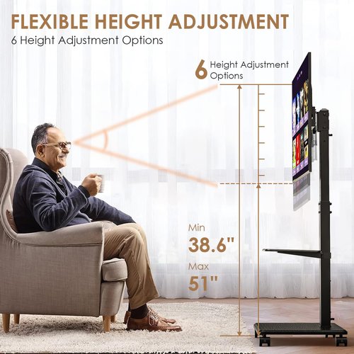 Neothm Mobile TV Stand with Wheels, Swivel Rolling TV Stand for 32-75 Inch TVs with Shelf, Landscape to Portrait, Height Adjustable Portable TV Cart with Tilt, VESA 600x400mm, 110lbs Capacity