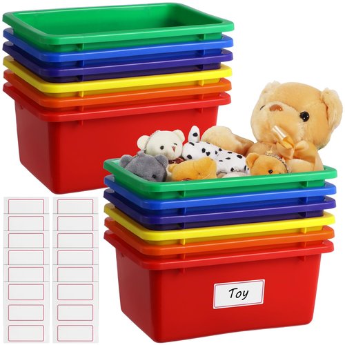 Tideme 12 Pcs Plastic Cubby Bins with Labels, Plastic Storage Bins and 36 Self-Adhesive Labels, Office Storage Container Assorted Color, Stacking Home Organizer Bin, Classroom Toy Organizing Box