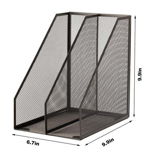 RHONZHAO 2 Set Desk Organizers, Metal Desk Magazine File Holder and 1 Pen Holder, 2 Compartments Mesh File Holder, Mesh Desktop Organizer and Storage,Black