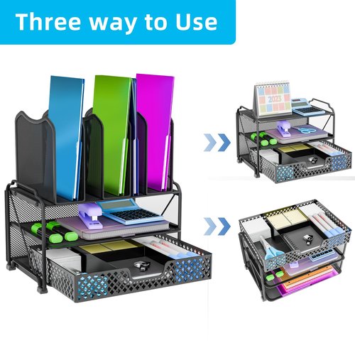 Simple Trending Mesh Desk File Organizer, Office Supplies Desktop Storage with Sliding Drawer, Double Tray and 5 Upright Section Sorter Organizer, Black
