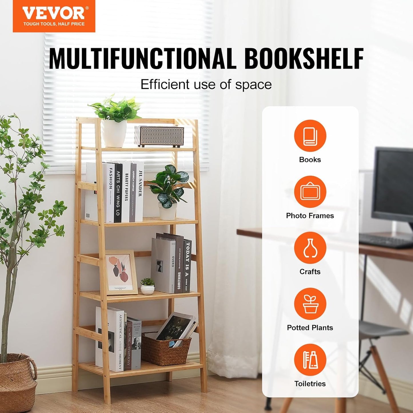 VEVOR 4-Tier Bamboo Ladder Shelf - Stylish Trapezoid Bookcase & Plant Stand | Natural Wood Finish