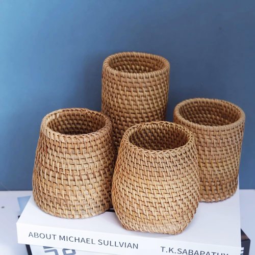 amololo Handmade High Wall Rattan Pen Cup,Tea Items Desk Holder,Wicker Pencil Décor Holder Flower Vase For Dry Flower,Rustic Makeup Brushes Holder Stand, Table Loose Items Organizer (High Cylinder)