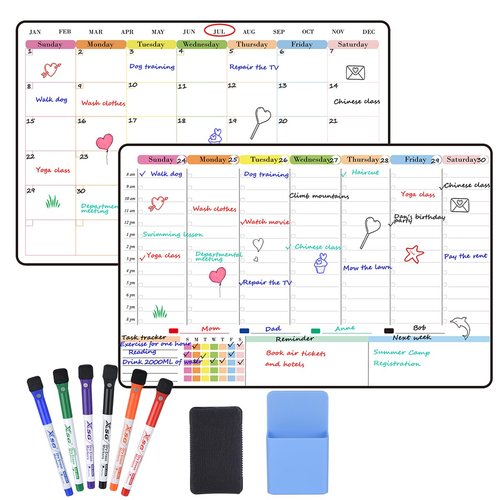 POPRUN Dry Erase Calendar weekly and monthly self adhesive stick on non-magnetic stainless fridge & Glass & Wall & wooden (any smooth surface) Schedule Board with Time Slots for Office and Family