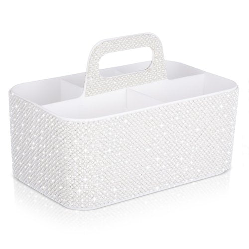 Marspark Bling Girly Caddy Organizer with Handle, 9.8 Inch Sparkly Pen Pencil holder for Back to School, Classroom, Office Desk Accessories Organizer for Pen Brush Makeup Supplies(White,Pearl Diamond)