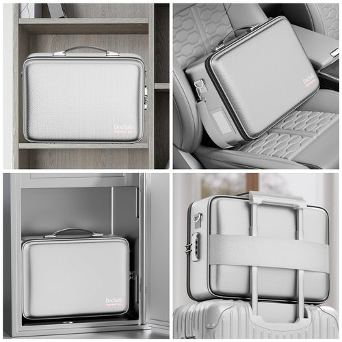 DocSafe Fireproof Document Box with Lock＆Shoulder Strap,Hard Case File Organizer with Accordion File Folder,Multi-Layer Portable Home Office Travel Safe Storage for Important Documents Laptop Silver