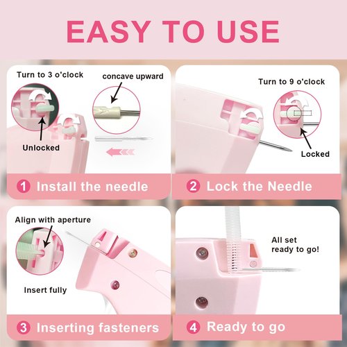 Stitch Gun for Clothes -Handheld Stitch Quick Clothing Fixer - Mini Tag Gun - Includes 6 Fine Needles, 2000 Fasteners including 1000 Black & 1000 White (pink)