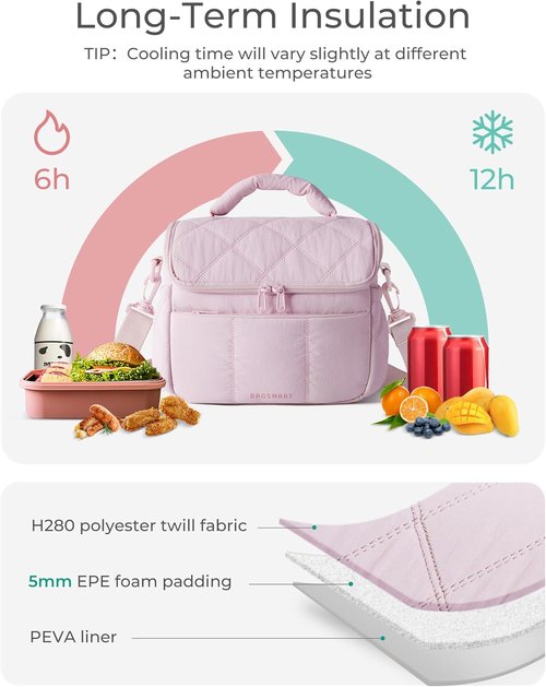 BAGSMART Insulated Lunch Bag - Cute Quilted Design, Lightweight & Waterproof Tote for Work | Pink