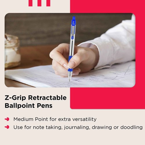 ZEBRA Z GRIP Assorted Ballpoint Pens, Retractable with Smooth Ink, Comfortable Grip and Pocket Clip Reliable Biro Medium Point 50 Pack 5 Assorted Colours