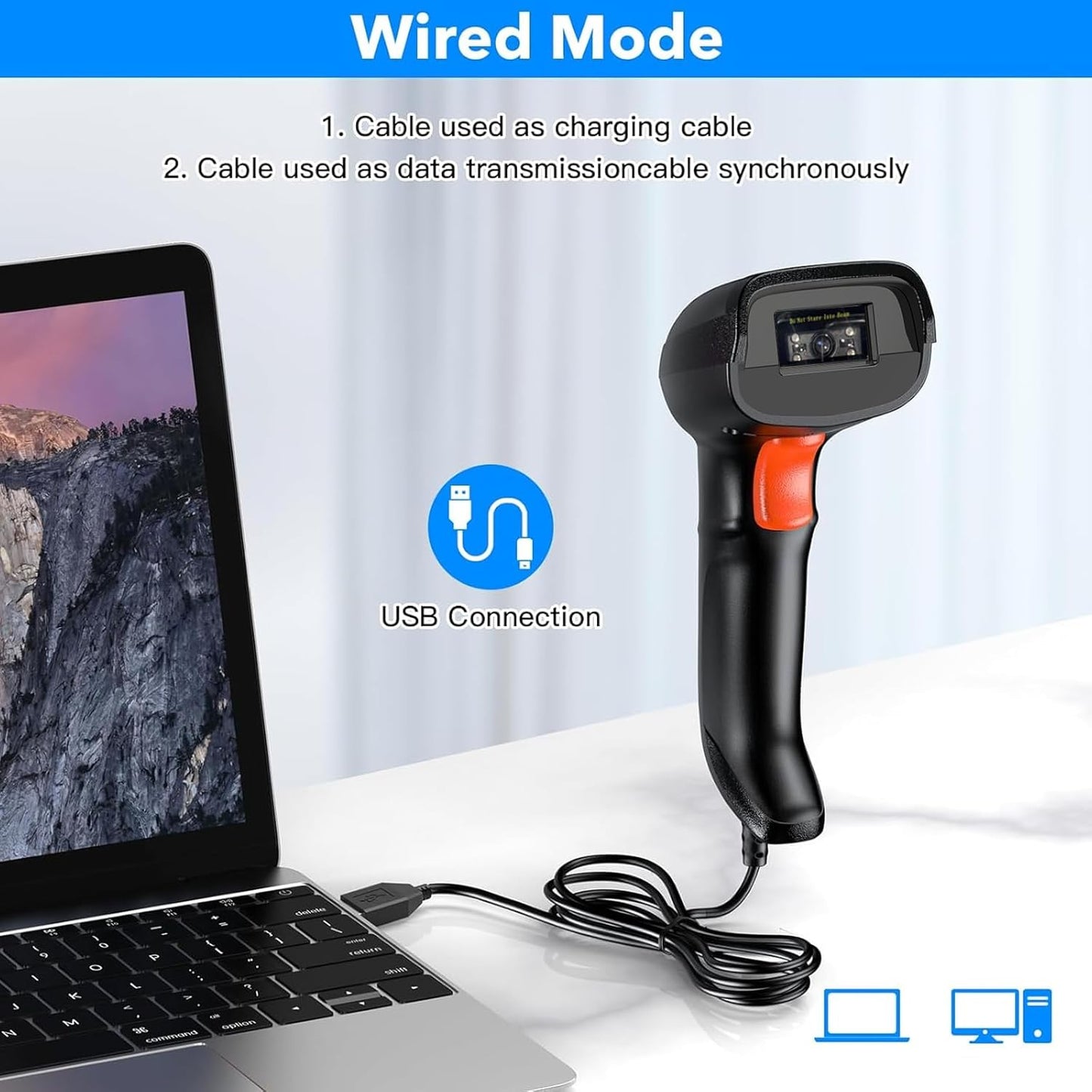 Symcode USB Barcode Scanner - Handheld Wired Scanner with Long USB Cable for Mobile Payments & Retail
