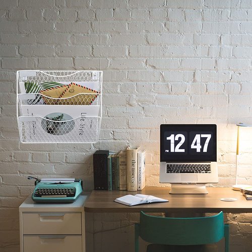 EASEPRES Mail Organizer Wall Mount Hanging File Holder Storage, Metal Chicken Wire Magazine Rack 3 Tier, White