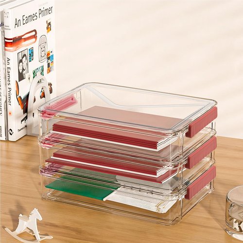 VANRA Clear File Storage Box with Latching Lids Stackable Project Case Organizer Plastic Stacking File System Office Magazine Storage Bin School Supplies Container Portable with Handle (1 Red, L)