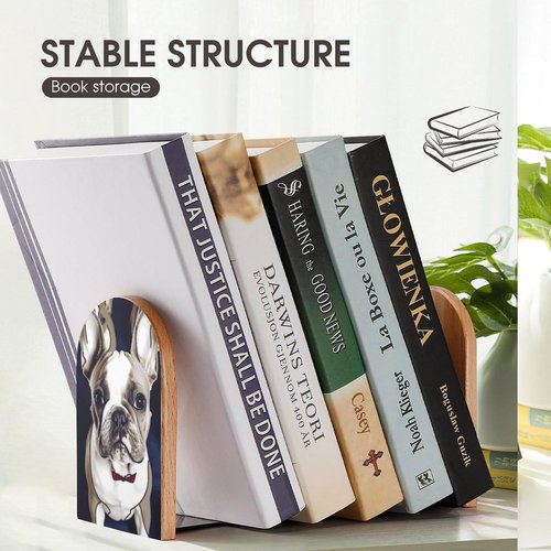 Cute French Bulldog Wood Bookends Heavy Duty and Sturdy Bookends for Shelves Non-Skid Book Stopper for Home Books DVDs Decorative CD Holder Video Game Organizer