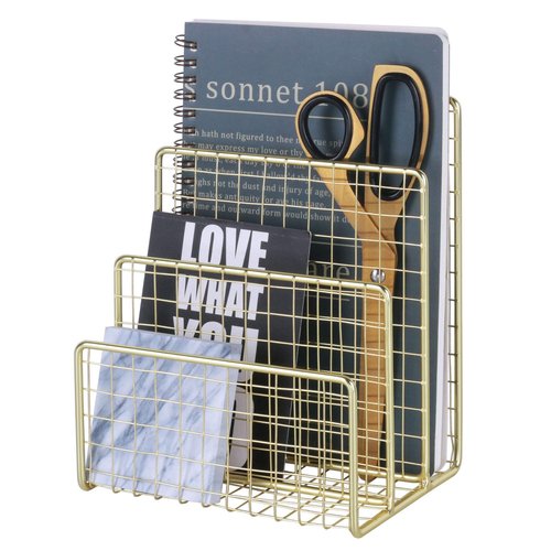 Geiornzer 3 Slots Letter Holder, Metal Multifunctional File Holder for Mails, Books, Brochures and Postcards, Desktop Office Organizer Decoration, 5.6” x 3.7” x 7.0”, Gold