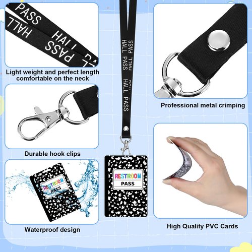 Fuyoooo 16 Pcs PVC Hall Pass Lanyards Composition Book Unbreakable Hall Passes Writeable Passes for Classrooms Bathroom Pass for Bathroom Library Office Nurse School Supplies