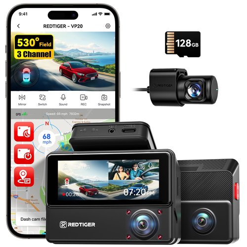 REDTIGER 530° All-Round 3 Channel Dash Cam, 2.5K+2.5K+1080P Front Rear and Inside Triple Car Dash Camera include128GB Card, Touch Screen, IR Night Vision, Built-in WiFi GPS, Parking Mode(VP20)
