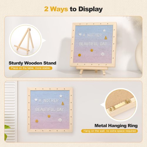 Lewondr Felt Letter Board, 10"×10" Wooden Letter Board Sign, Changeable Message Board with 20 LED Lights & 340 Letters, Pregnancy Baby Announcement Sign, First School Day Board, Colorful