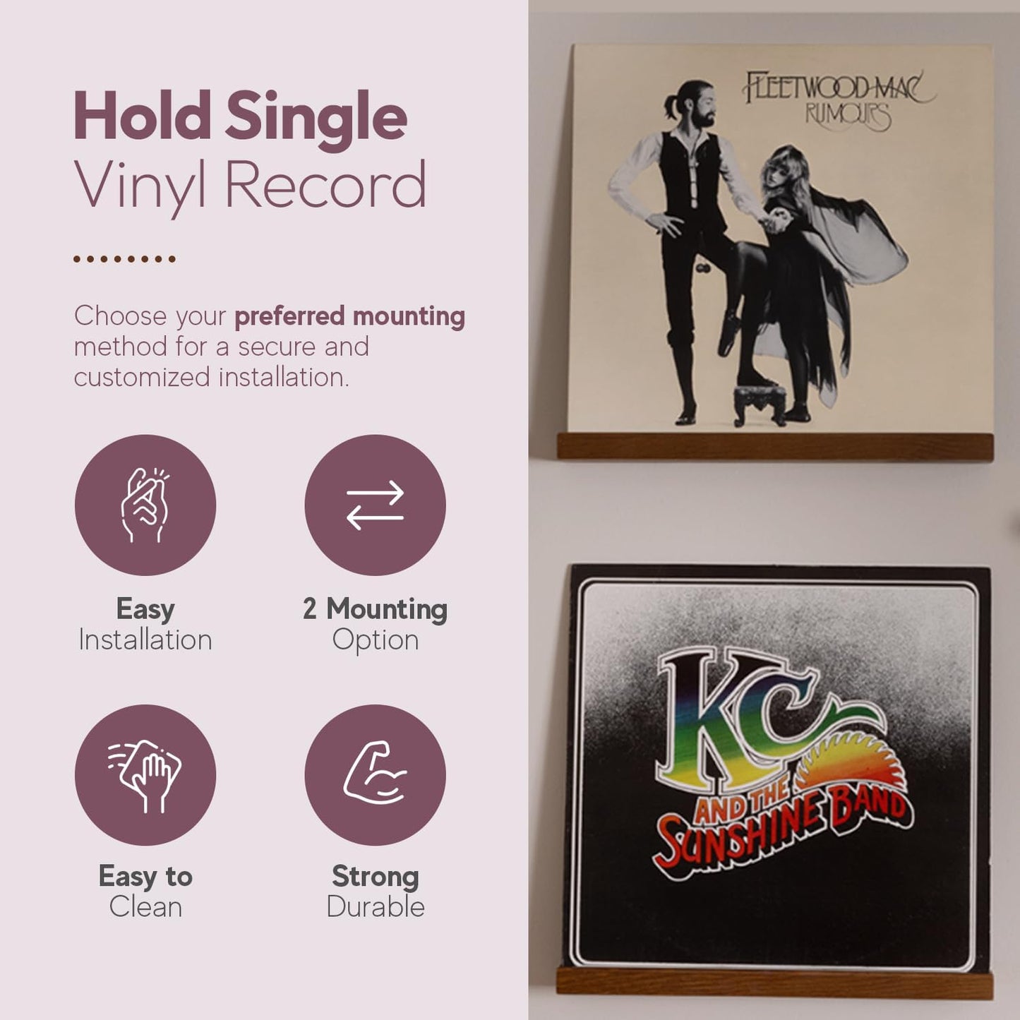 Vinyl Record Holder by Pinewood - Pack of 6 Wall Mounts with 2 Mounting Options | Walnut Stain Finish