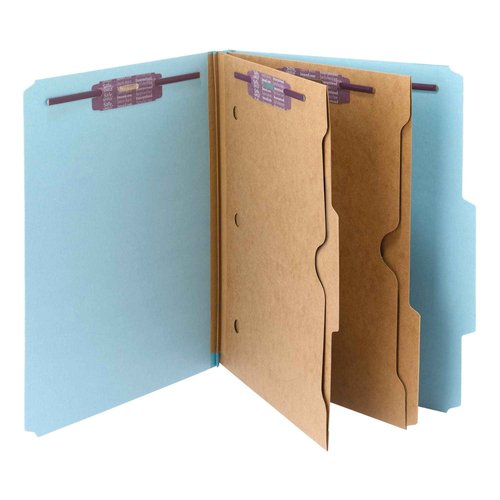 Smead Pressboard Classification File Folder with SafeSHIELD Fasteners, 2 Pocket Dividers, 2" Expansion, Letter Size, Blue, 10 per Box (14081)
