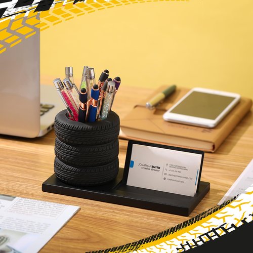 Eersida Tire Shape Stationery Set Car Sales Gift Business Card Holder Automotive Desk Organizer Business Card Holder Desk for Office Mechanics Car Lovers(Black,7.5 Inch)