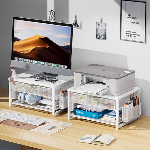 Marbrasse Wood Printer Stand for Desk, 2-Tier Desktop Printer Table for Home Office, Printer Stand with Storage Drawer 2 Pen Holders, Multi-Purpose Desk Organizer for Fax Machine Scanner Files (White)