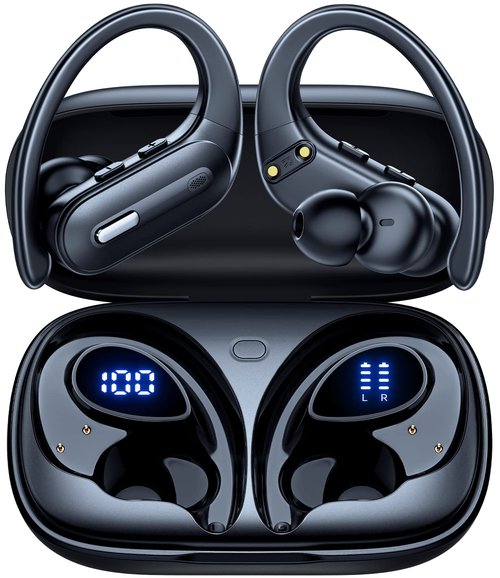 Wireless Earbuds Bluetooth 5.3 Headphones 90 Hrs Playtime Ear Buds with Wireless Charging Case Power Display Over-Ear Earphones with Earhooks Waterproof Stereo Headset for Android Phone Workout Black