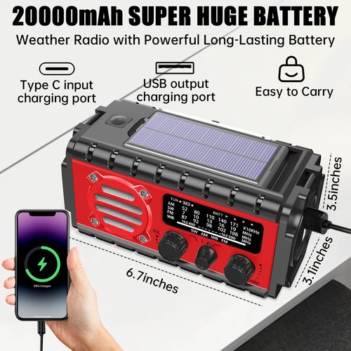 20000mah Emergency Radio, SW/NOAA/AM/FM Weather Radio, Solar Powered Hand Crank Charger with Big Battery Powered, Portable, Cellphone Charge, SOS, Flashlight for Emergency/Home