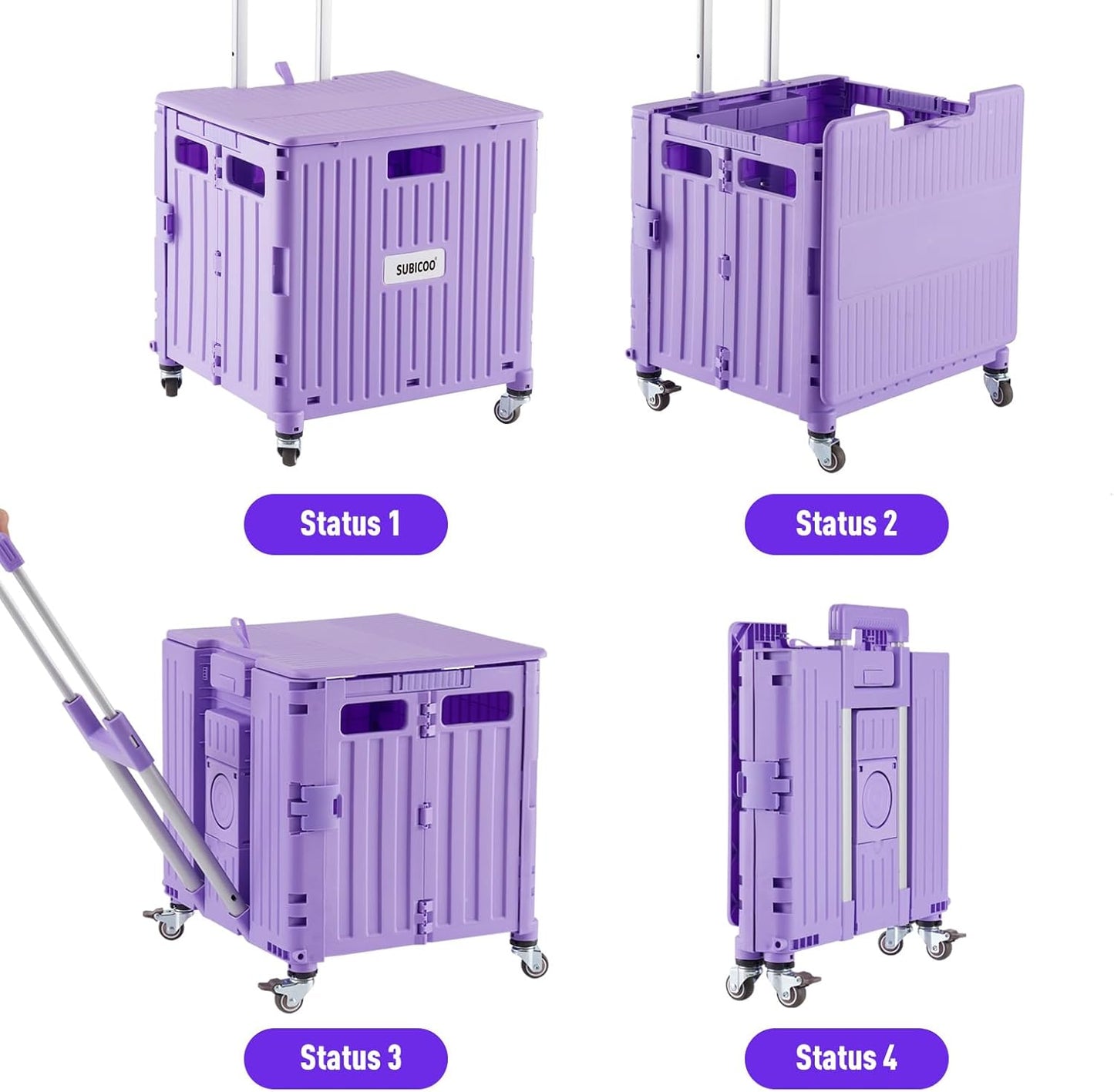 Skiennix Folding Utility Cart - Portable Rolling Handcart with Lid & 4 Swivel Wheels | Purple