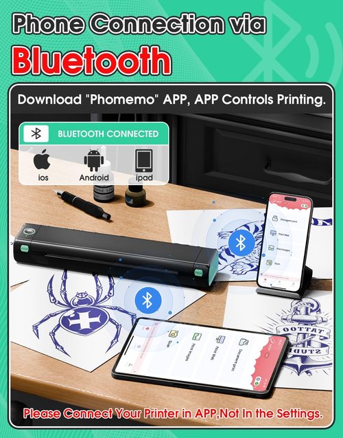 Phomemo Tattoo Stencil Printer - M08F Wireless Thermal Printer with 10 Transfer Papers | Black & Green
