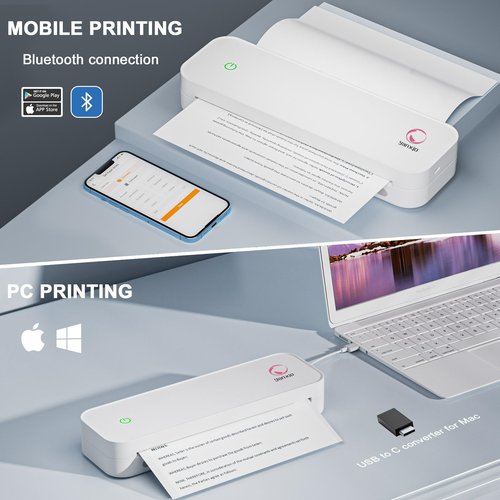 yanxio Portable Printers Wireless for Travel, Portable Printer, Inkless Thermal Printer, Support A4/8.5 x 11'' Thermal Paper for Office, Travel, Home, Support iOS, Android, Windows (White)