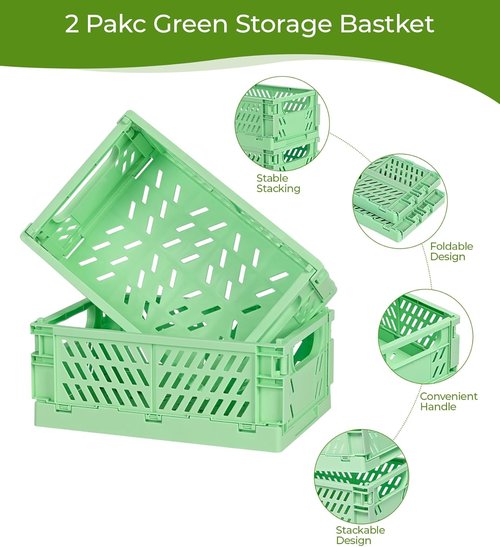 HUUSMOT Small Pastel Plastic Storage Baskets - 4-Pack Collapsible Organizing Crates | Space-Saving Mini Bins (Green, 9.8" x 6.5" x 3.8")