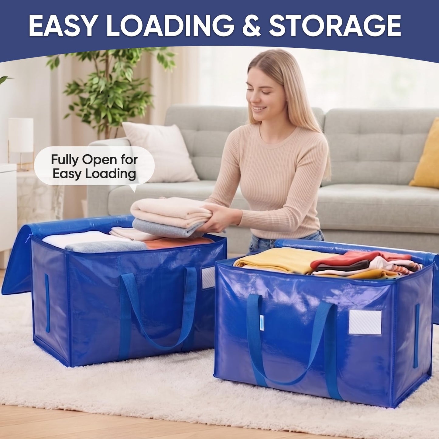 TICONN 2 Pack Extra Large Moving Bags Heavy Duty with Zippers & Carrying Handles, Durable Storage Bags Moving Boxes for Closet Organizers and Storage (2 Pack, Blue)