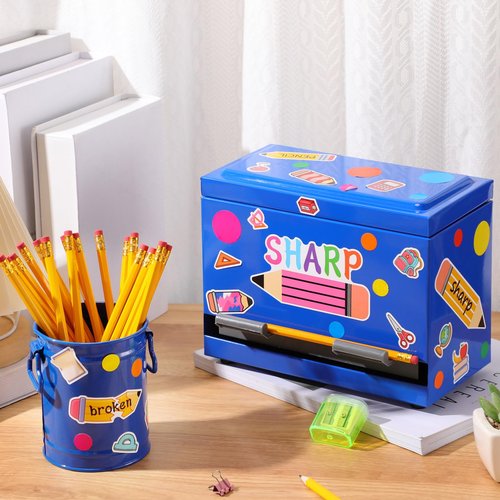 Mifoci 8 Pcs Pencil Dispenser Kit for Classroom Stainless Steel Straw Dispenser for Pencils Metal Pen Holder Letter Sticker Bulk Teachers Classroom Supplies Storage(Blue)