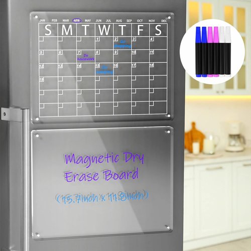 AITEE Acrylic Magnetic Dry Erase Board Set - Clear Refrigerator Calendar & Planner | 16"x12" with 6 Markers